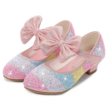 Обувки принцеси за момичета, детски танцови обувки на висок ток, мека подметка, големи вечерни обувки с декорация във формата на цветя и кристали за момичета