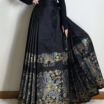 Луксозни черни дълги плисирани поли с флорални принтом за жени, модифицирана пола Hanfu Horse Face в китайски стил, елегантна пола плиссированная