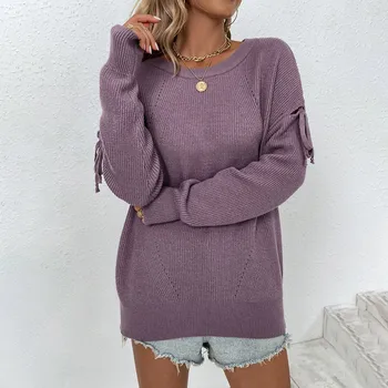 Жена Случайни Пуловер с дълъг Ръкав, Пуловер с кръгло деколте, Извънгабаритни Пуловер в рубчик, Есенно-зимния Пуловер ropa de mujer, Дамски пуловер