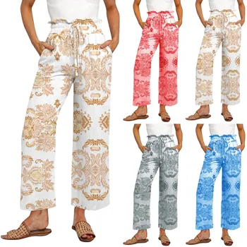 Панталони-карго; Дамски Летни Ежедневни панталони големи размери с принтом; Еластичен колан на съвсем малък и джобове; Дамски дрехи Y2k Streetwear