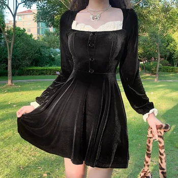 Жена, коварен бархатное мини рокля трапецовидна форма с квадратни деколтета, Винтажное черна рокля с дълъг ръкав и копчета, в елегантна вечерна рокля с висока талия, сладка рокля-люлка