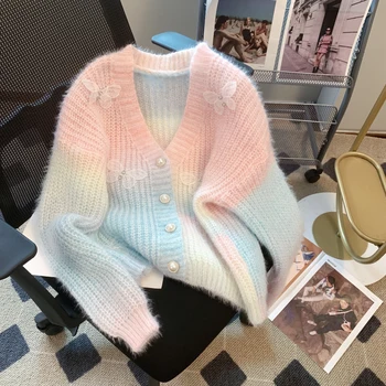 Корейски есента градиентный цветен вязаный пуловер в Ретро стил, однобортный, с аппликацией във формата на пеперуда, с V-образно деколте, сладък casual chic пуловер, палто