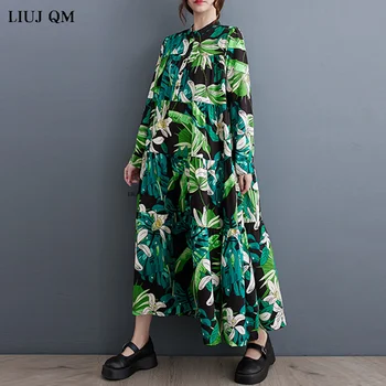 2023 постъпването на Ново, Европейско свободно есента рокля-риза с дълъг ръкав и цветна принтом, модно дамско ежедневното пролетта дълга рокля голям размер