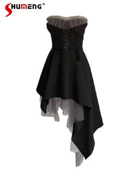 Една модерна къса рокля от тъмно сив лилава прежда с асимметрией за жени, секси мини рокля без ръкави, с неправилна форма, без презрамки