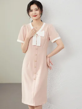 Розова рокля с V-образно деколте и носа във френски стил, Лято 2023, Нов Стил, Къс ръкав, Нежна рокля трапецовидна форма