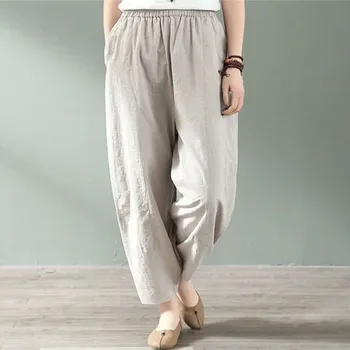 Памучни панталони Harun от коноп, дамски Летни Нови Корейски Модни Тънки Свободни Ежедневни прави панталони Големи Размери, черно-бели, с девет точки