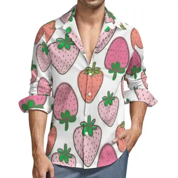 Риза с Розова Пресни Ягоди, Мъжки Сладки Ежедневни ризи, Есенни блузи с естетически модел, Реколта дрехи Оверсайз с Дълъг ръкав