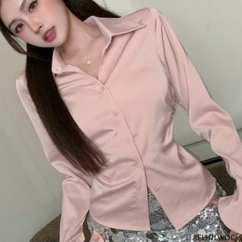 Шик Корейски потници, Блузи За жени 2023, Нов дизайн, Однобортные обикновена розови основни ризи, блузи