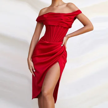 Вечерна рокля за жените с едно рамо, дамски летни червени рокли миди с цепка, дрехи шаферките, секси облекло за сватбеното парти с деколте лодка