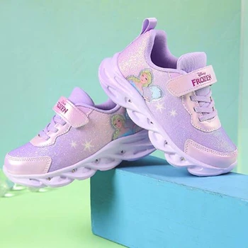 Обувки с led подсветка за малки момичета, ежедневни маратонки Принцеси на Дисни на Елза, Дишащи спортни обувки за деца