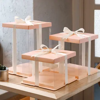 Прозрачни кутии подарък размер 6/8/12 инча, Опаковъчна кутия с Мече под формата на Рози, Пластмасова Прозрачна кутия за торта за рожден Ден, сватбени аксесоари