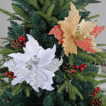 Коледно дърво Цветя Изкуствена коледна звезда Пайети Плат Цвете Страхотна украса за Коледното парти на закрито/на открито