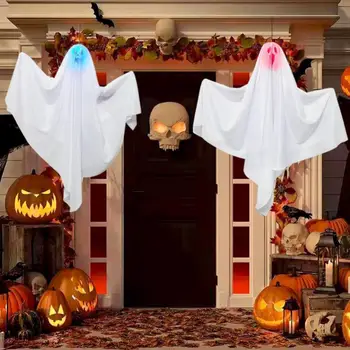 65 * 60 см, Висящи украшения с духове на Хелоуин, Висящи лампи за Хелоуин, Бели летящи призраци, Дърво, на прозореца, на стената, Страшен украшение