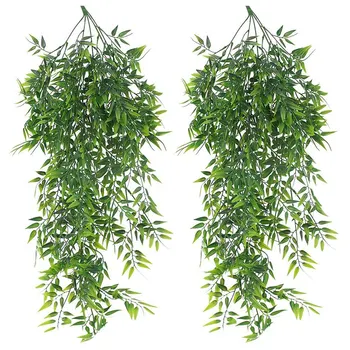 2 опаковки Висящи изкуствени растения Бамбук Изкуствено Висящи листа бамбук Тъжен Поникшее завод за вътрешната външната стена на дома