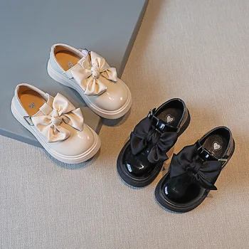 Новост есента 2023 г.; Кожени обувки с лък за момичета; Модни обувки принцеса в стила на Британския колеж; сладко детски обувки за партита с мека подметка