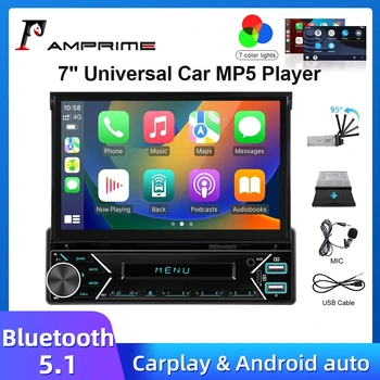 Радиото в автомобила AMPrime 1din Carplay, 7-инчов HD мултимедиен плеър с прибиращ сензорен екран, BT FM-приемник, Универсална MP5 Аудио стерео