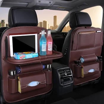 Органайзер за задната седалка на колата Универсални Сгъваеми чанти за съхранение от изкуствена кожа, подложки за краката, Голям капацитет, с дизайн на протектора за задната седалка