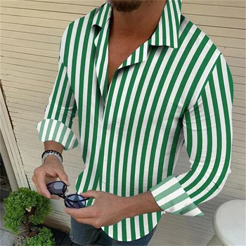 Риза в зелено-сиво бар, мъжка с ревера с дълги ръкави, модни, прости, ежедневни, удобна, благородна материя, мъжки топ